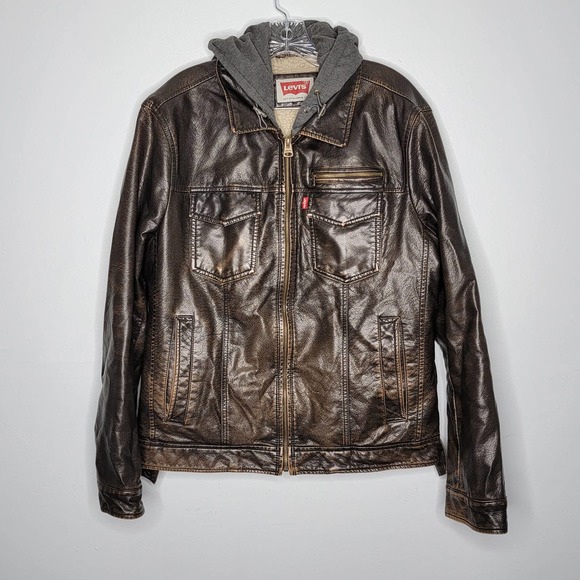 Levi's Other - Men's Levi's Faux Leather Sherpa Lined Trucker Jacket Hooded Brown Size Medium